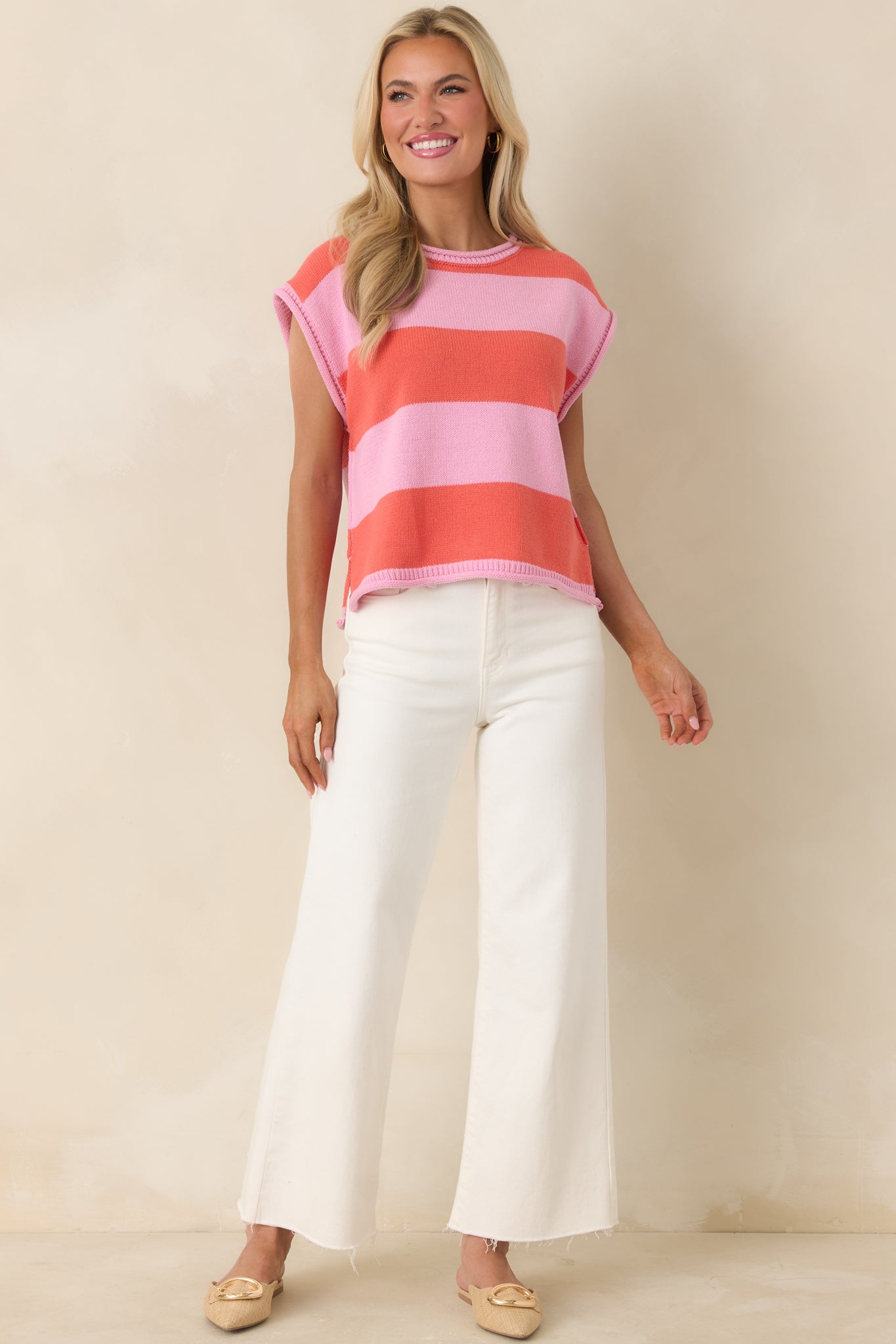 Women's All In A Day Pink & Poppy Red Stripe Knit Top | 60% Cotton & 40% Acrylic 3