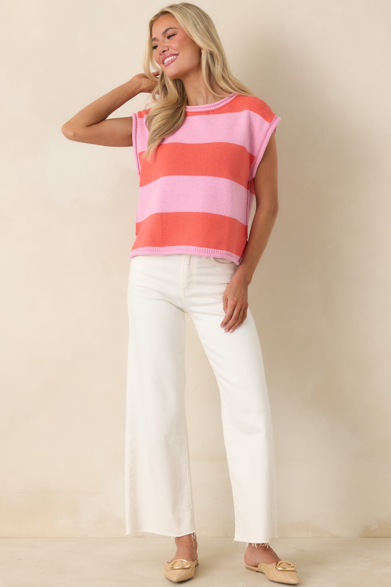 Women's All In A Day Pink & Poppy Red Stripe Knit Top | 60% Cotton & 40% Acrylic 4