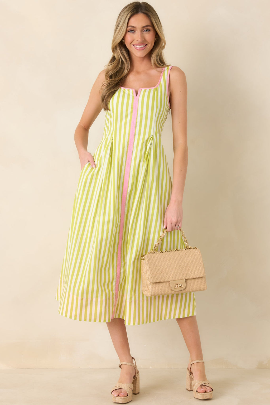Women's All Smiles Green & Pink Stripe Cotton Midi Dress | 100% Cotton Contrast: 65% Polyester & 35% Cotton 0