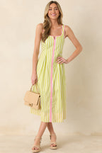 Women's All Smiles Green & Pink Stripe Cotton Midi Dress | 100% Cotton Contrast: 65% Polyester & 35% Cotton 5