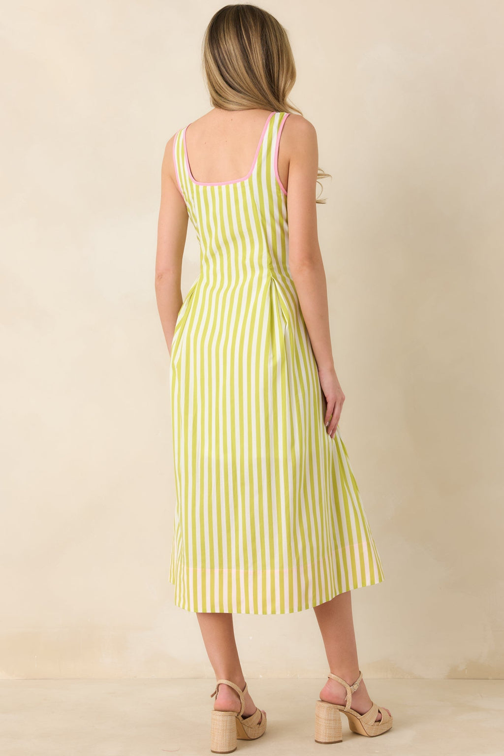 Women's All Smiles Green & Pink Stripe Cotton Midi Dress | 100% Cotton Contrast: 65% Polyester & 35% Cotton 6