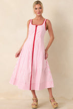 Women's All Smiles Pink & White Stripe Midi Dress | 100% Cotton Contrast: 65% Polyester & 35% Cotton 0