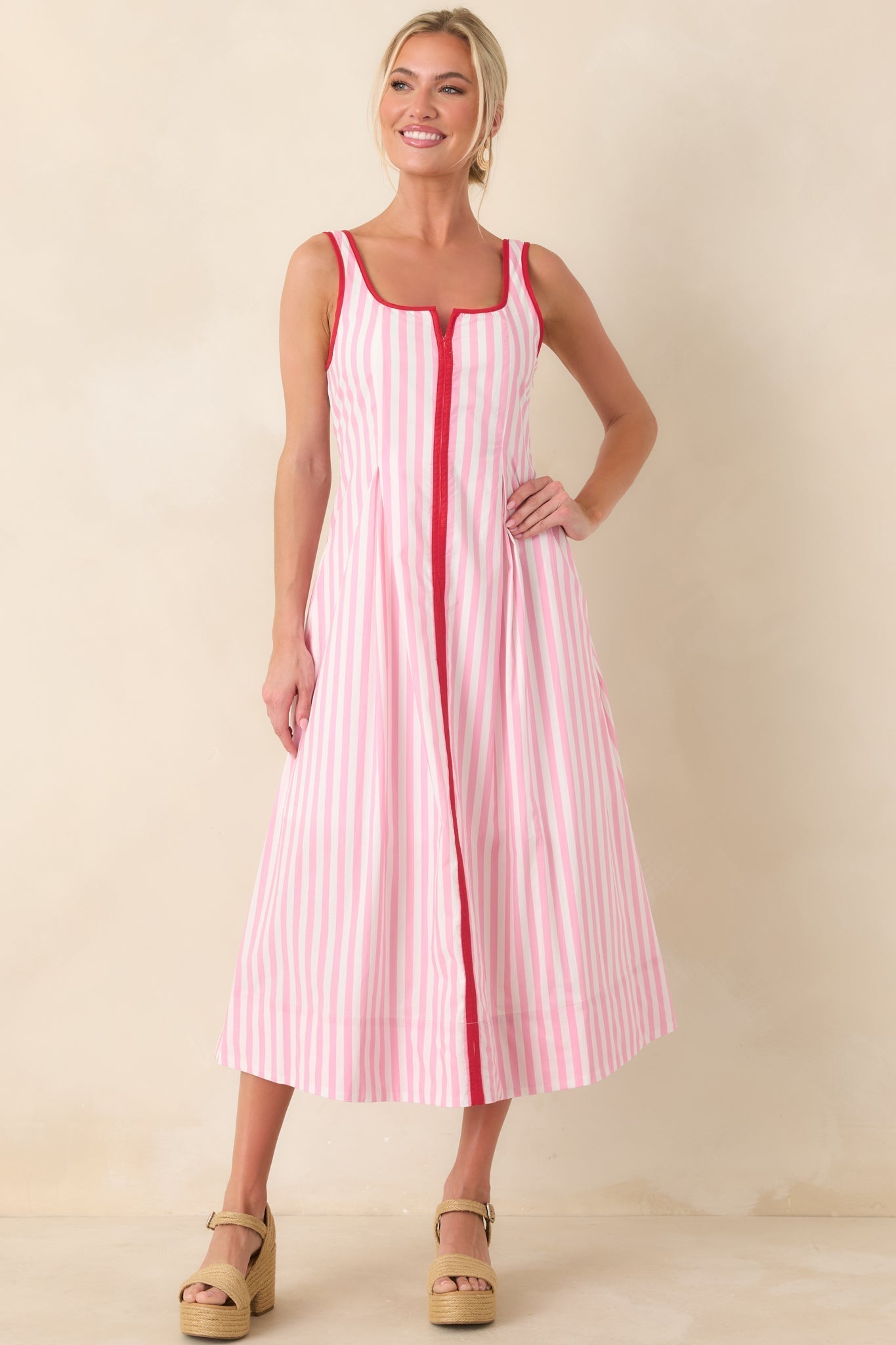 Women's All Smiles Pink & White Stripe Midi Dress | 100% Cotton Contrast: 65% Polyester & 35% Cotton 3