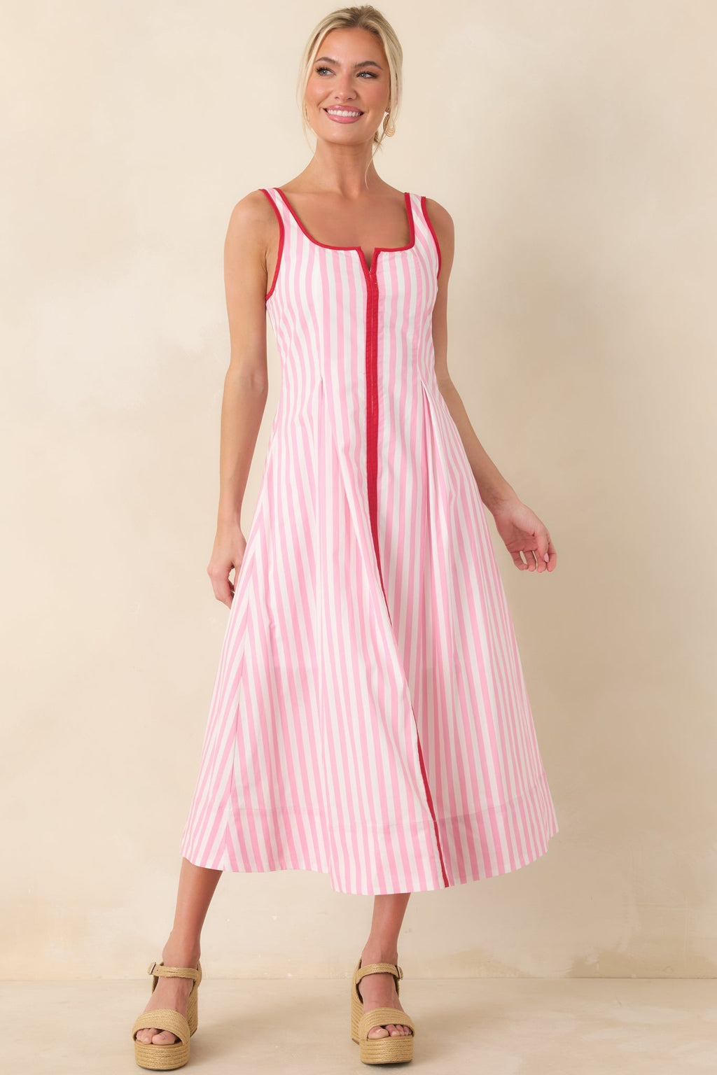 Women's All Smiles Pink & White Stripe Midi Dress | 100% Cotton Contrast: 65% Polyester & 35% Cotton 4