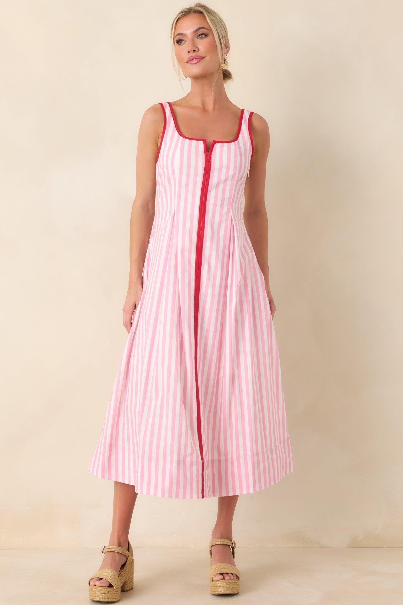Women's All Smiles Pink & White Stripe Midi Dress | 100% Cotton Contrast: 65% Polyester & 35% Cotton 5