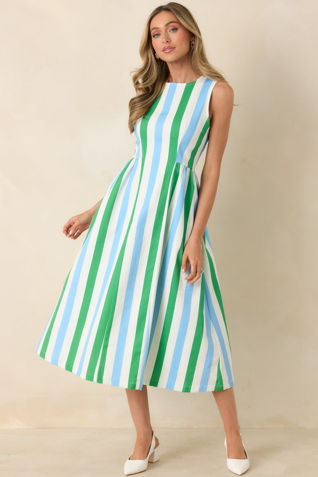 Women's All the Energy Blue Multi Stripe Cotton Sleeveless Midi Dress | 97% Cotton & 3% Spandex 2