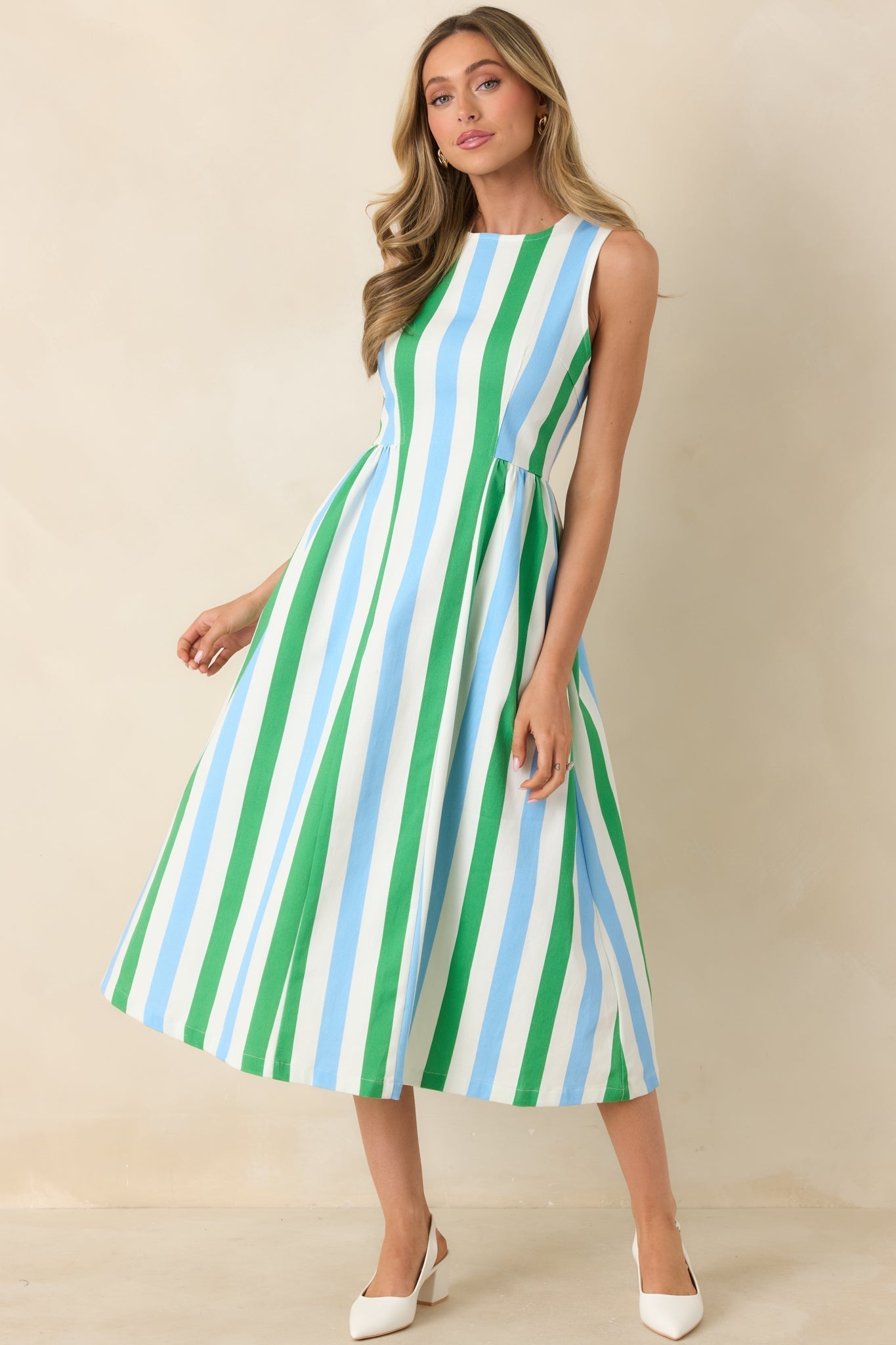 Women's All the Energy Blue Multi Stripe Cotton Sleeveless Midi Dress | 97% Cotton & 3% Spandex 2