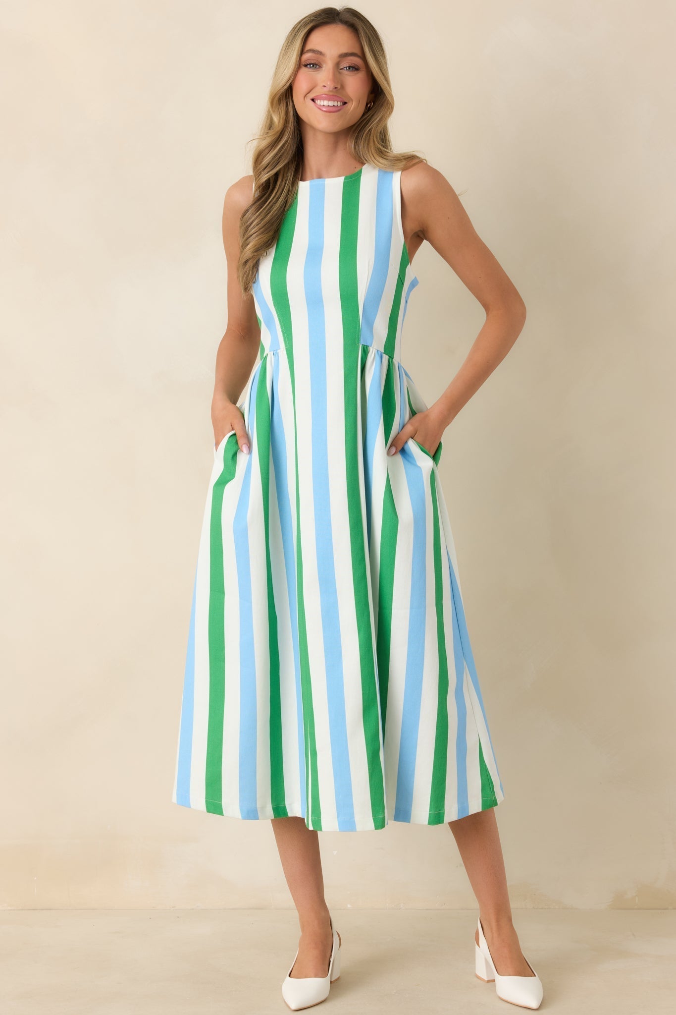 Women's All the Energy Blue Multi Stripe Cotton Sleeveless Midi Dress | 97% Cotton & 3% Spandex 3