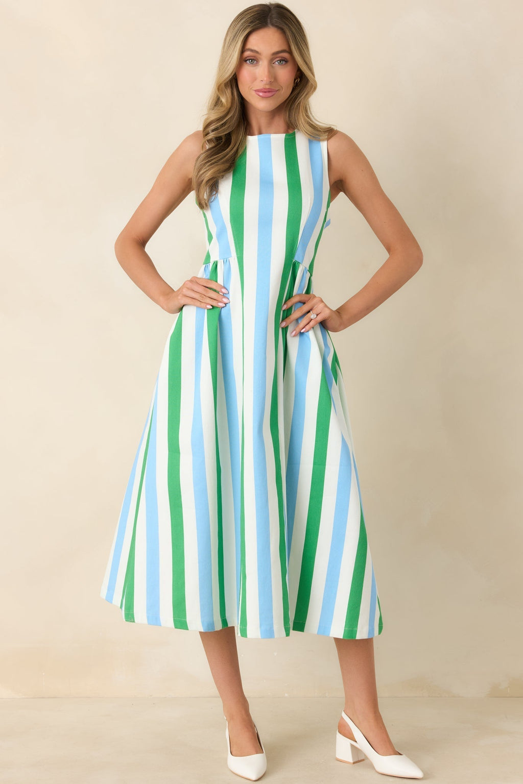 Women's All the Energy Blue Multi Stripe Cotton Sleeveless Midi Dress | 97% Cotton & 3% Spandex 4