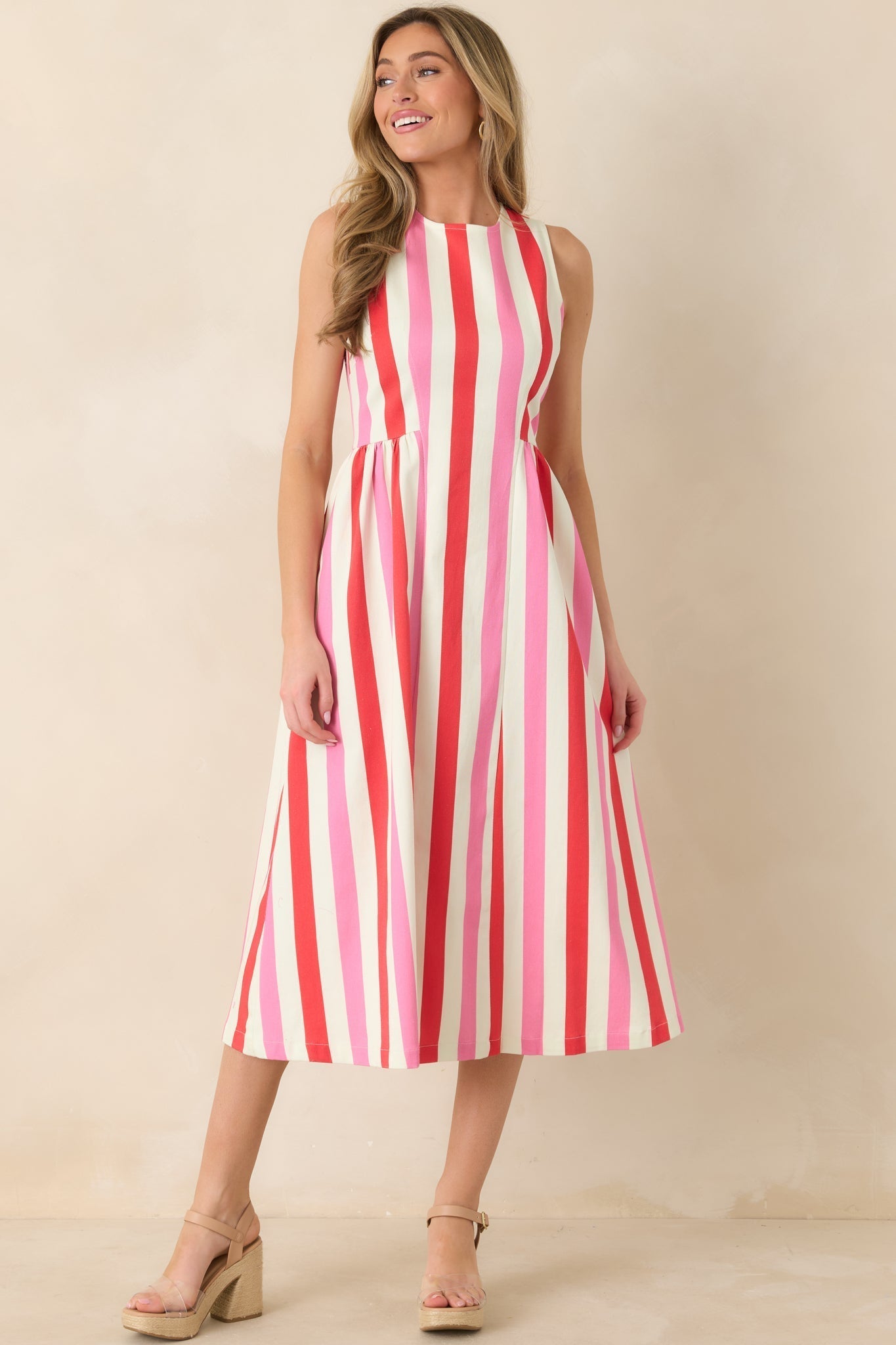 Women's All the Energy Pink Multi Stripe Cotton Sleeveless Midi Dress | 97% Cotton & 3% Spandex 3