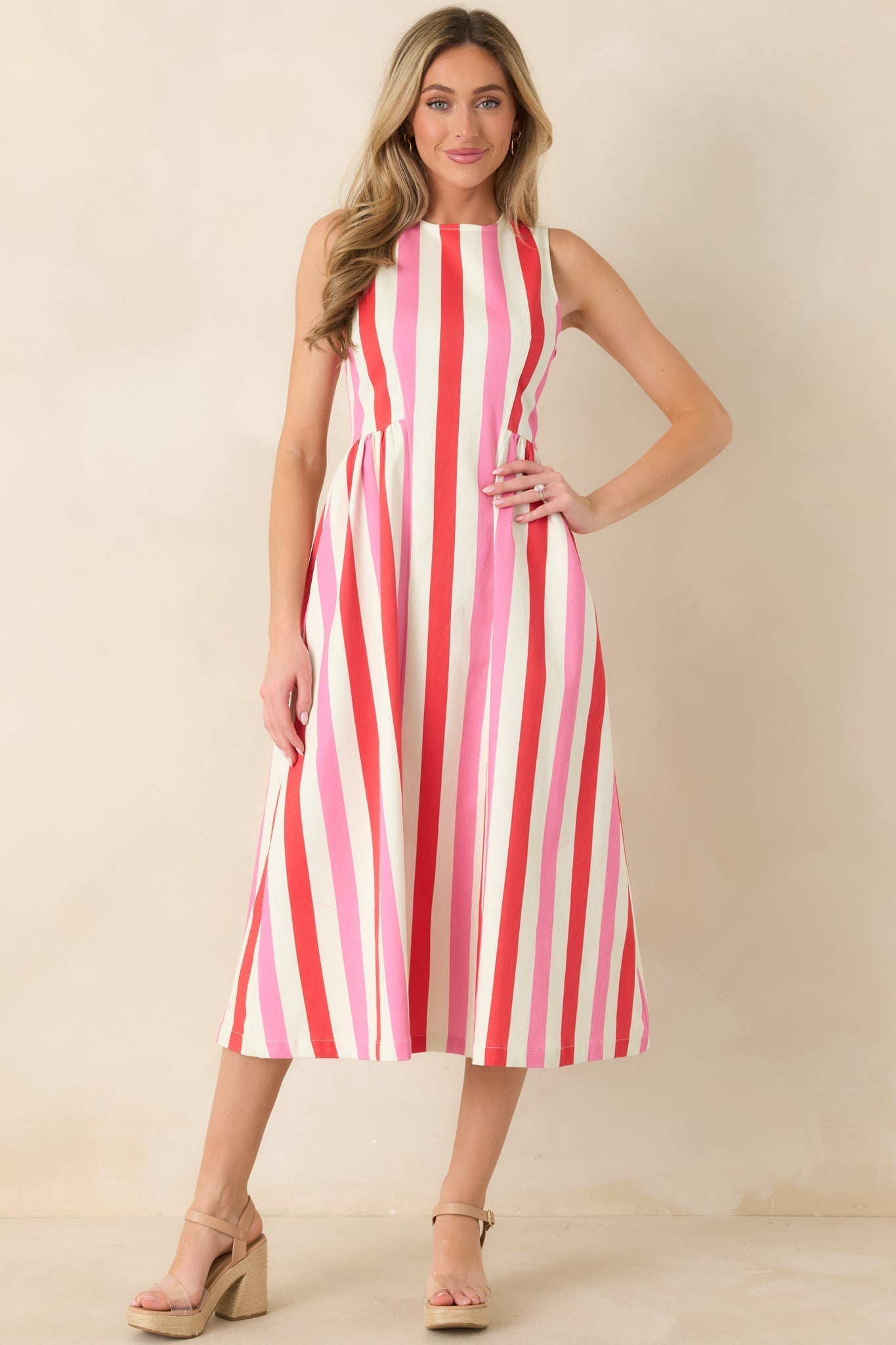 Women's All the Energy Pink Multi Stripe Cotton Sleeveless Midi Dress | 97% Cotton & 3% Spandex 4