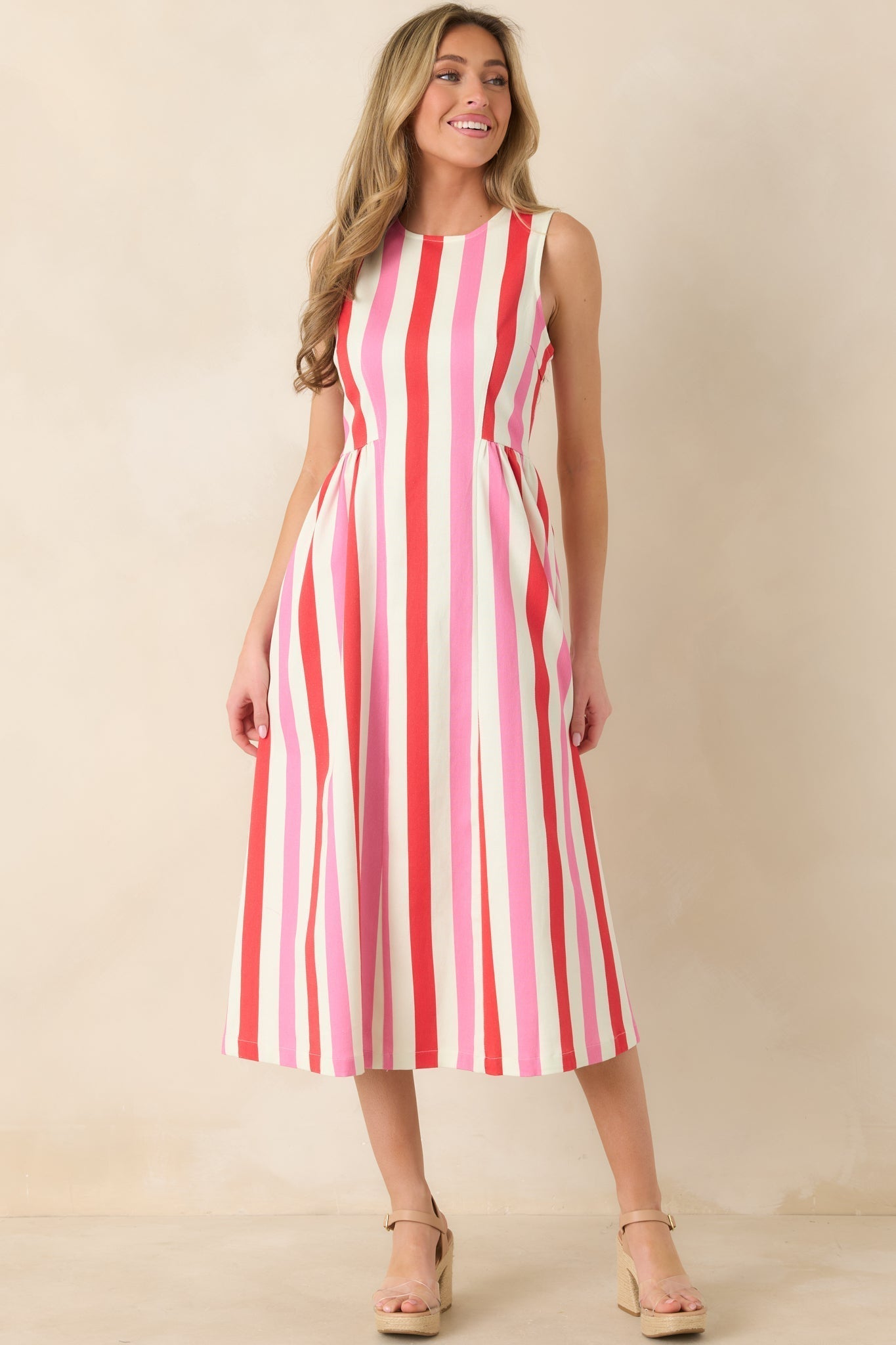 Women's All the Energy Pink Multi Stripe Cotton Sleeveless Midi Dress | 97% Cotton & 3% Spandex 5