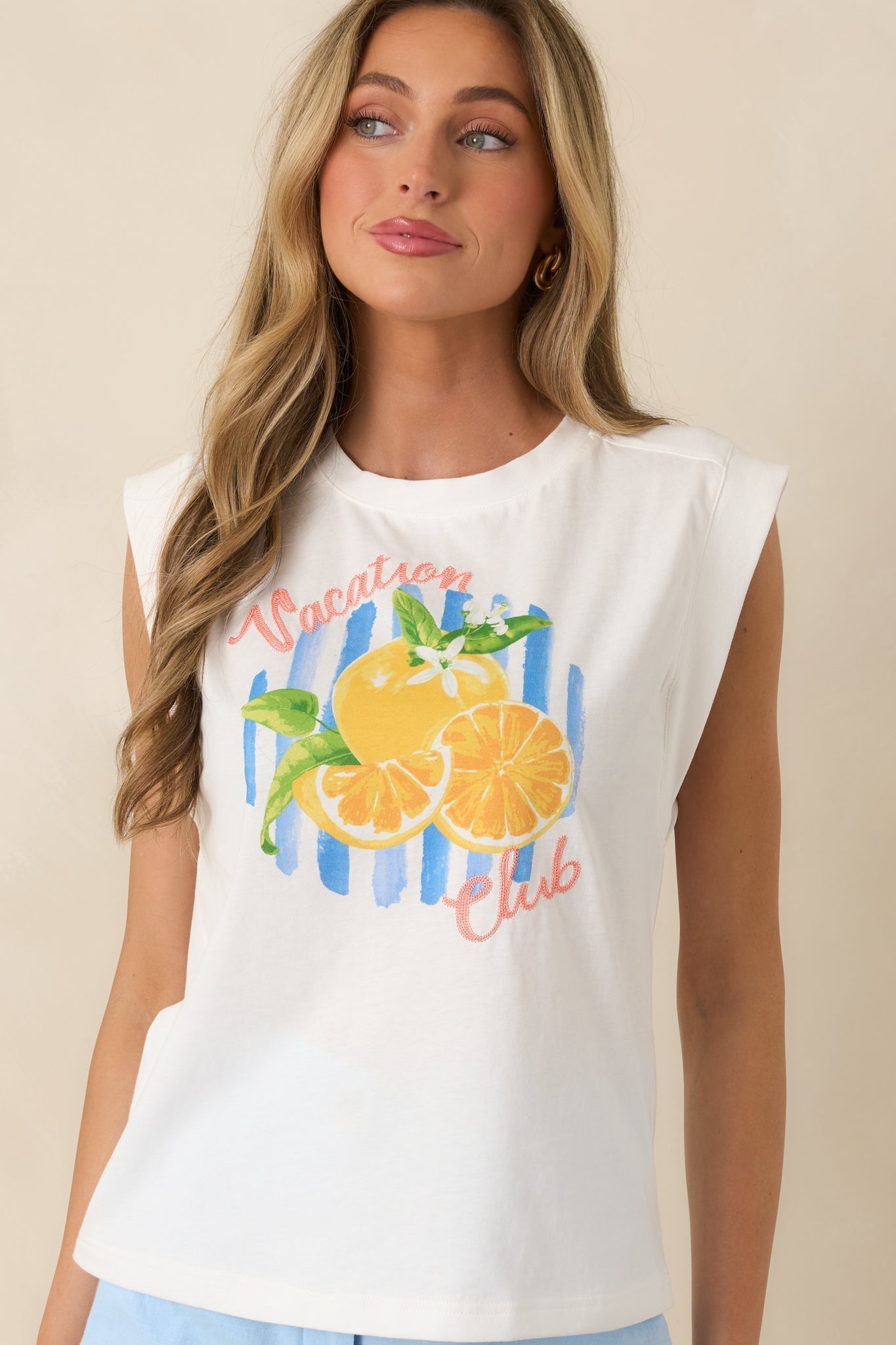 Women's Already on Vacation White Cotton Vacation Club Sleeveless Tee | 100% Cotton 2