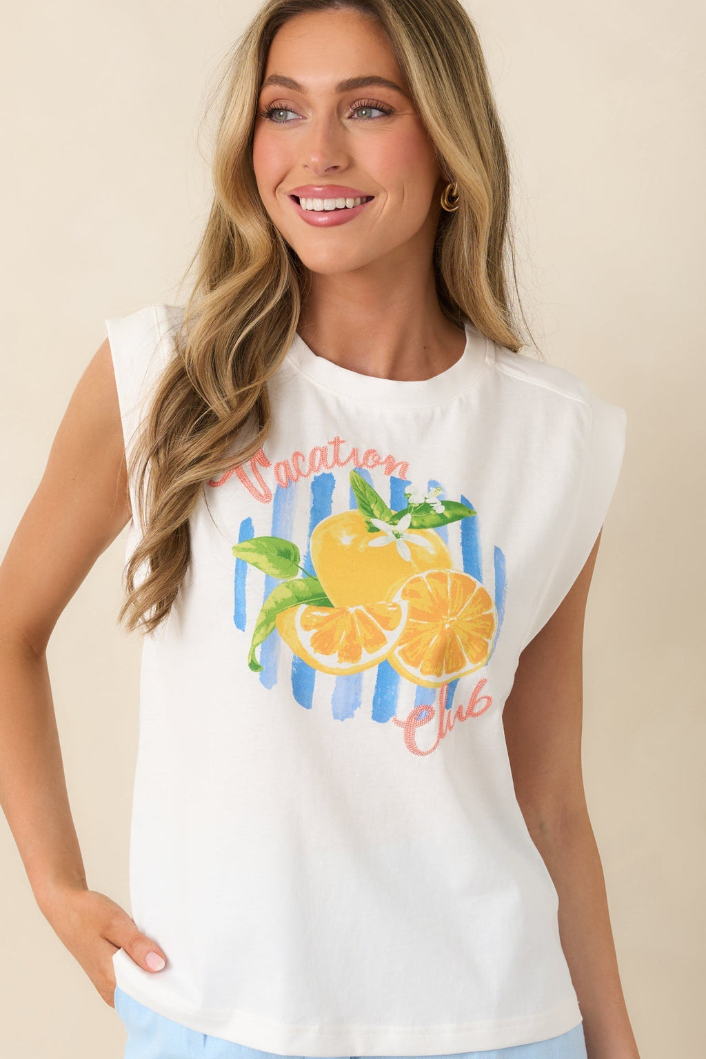 Women's Already on Vacation White Cotton Vacation Club Sleeveless Tee | 100% Cotton 5