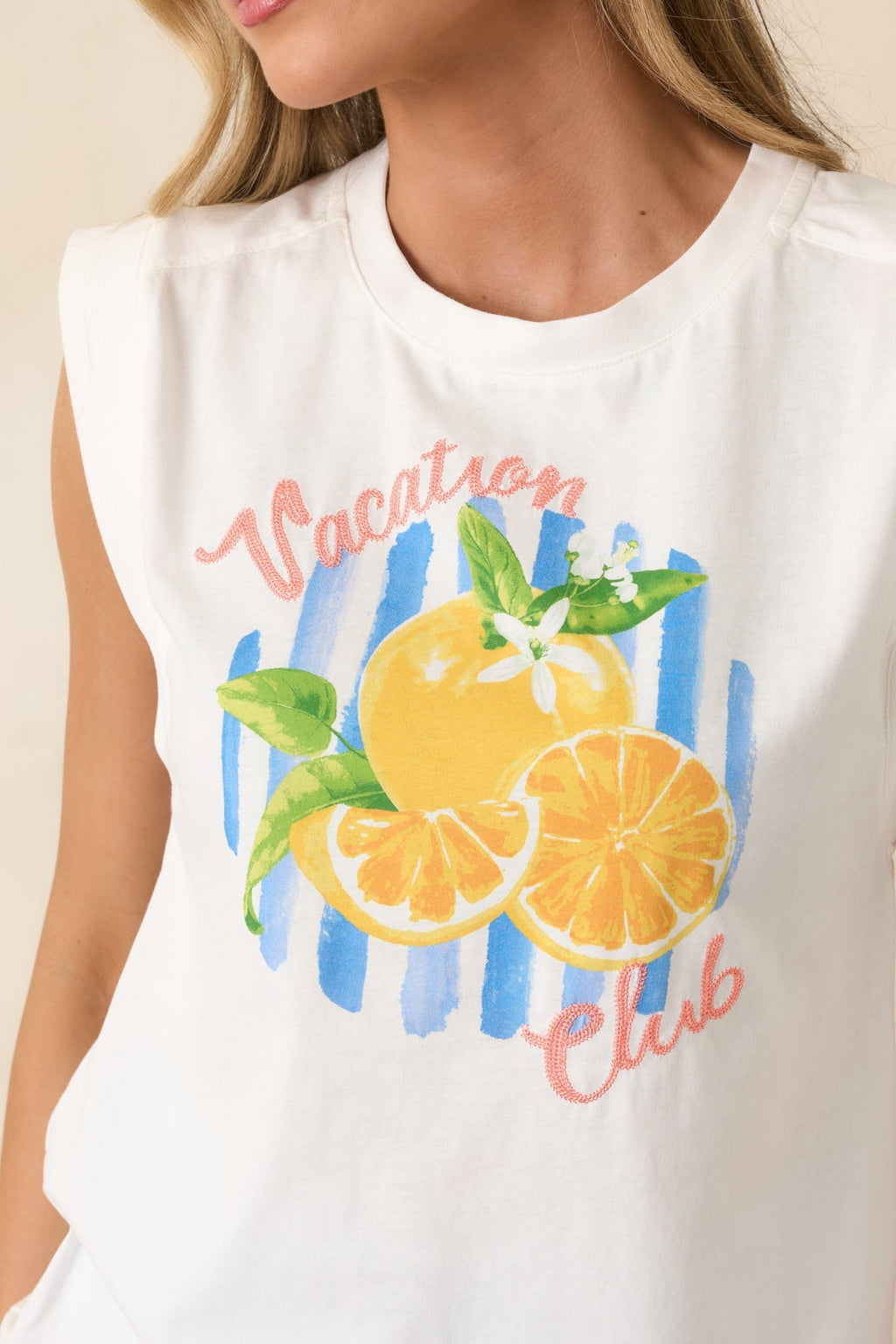 Women's Already on Vacation White Cotton Vacation Club Sleeveless Tee | 100% Cotton 7