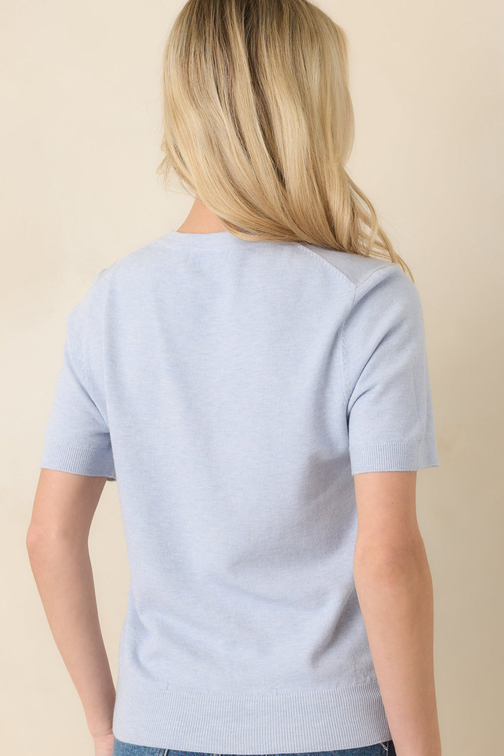 Women's Always A Favorite Sky Blue Short Sleeve Knit Top | 55% Viscose & 45% Nylon 7