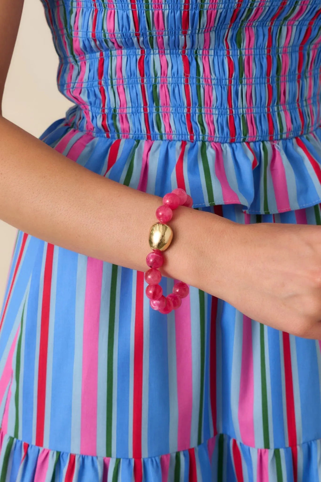 Women's Always a Soft Spot Pink Beaded Gold Accent Stretch Bracelet | This Bracelet Measures 3" in Diameter 0