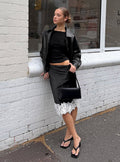 Women's Anchored Midi Skirt Noir | Midi skirt in satin fabric with lace-trim detail 0