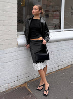 Women's Anchored Midi Skirt Noir | Midi skirt in satin fabric with lace-trim detail 0
