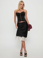 Women's Anchored Midi Skirt Noir | Midi skirt in satin fabric with lace-trim detail 1