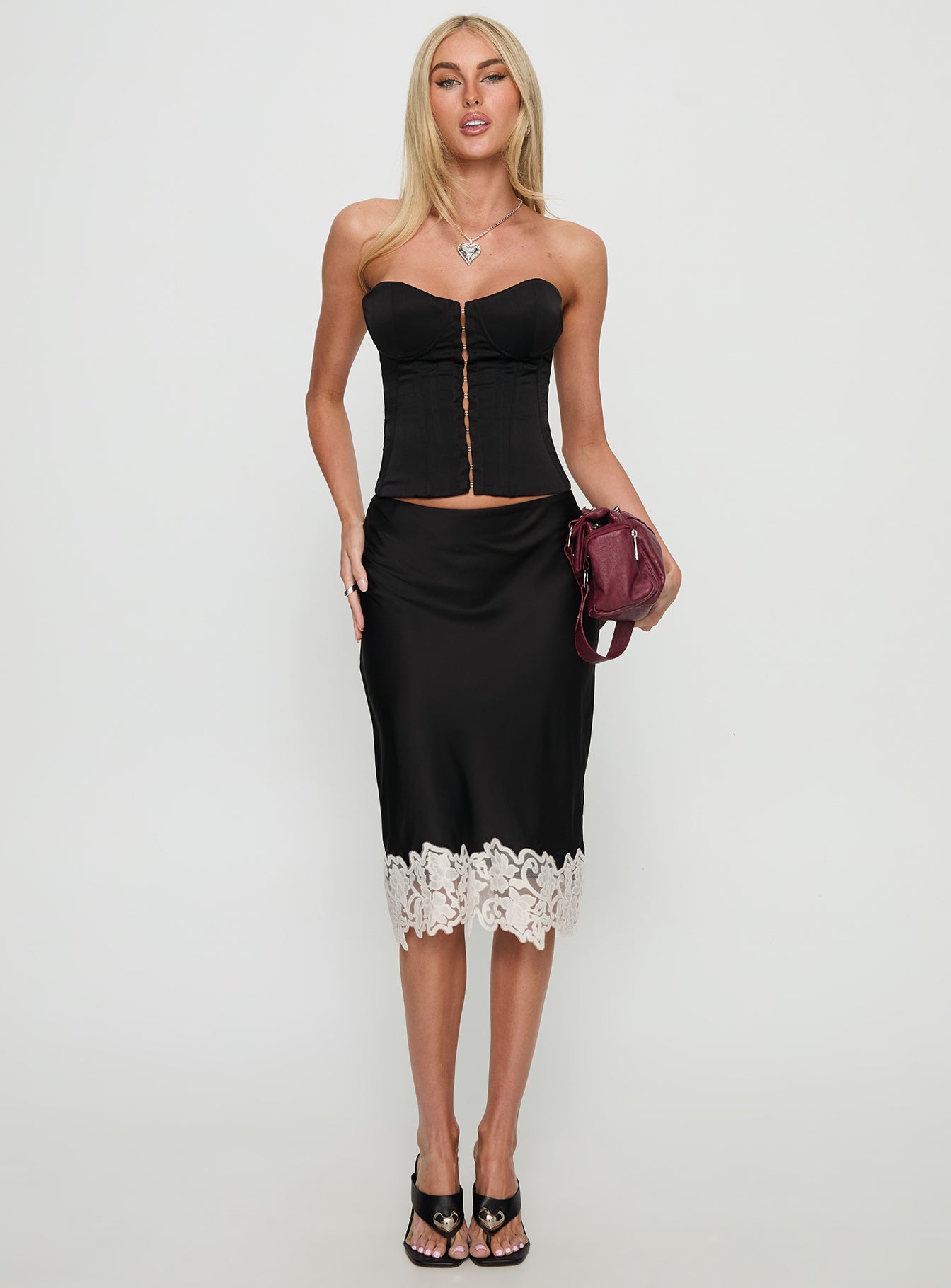 Women's Anchored Midi Skirt Noir | Midi skirt in satin fabric with lace-trim detail 2