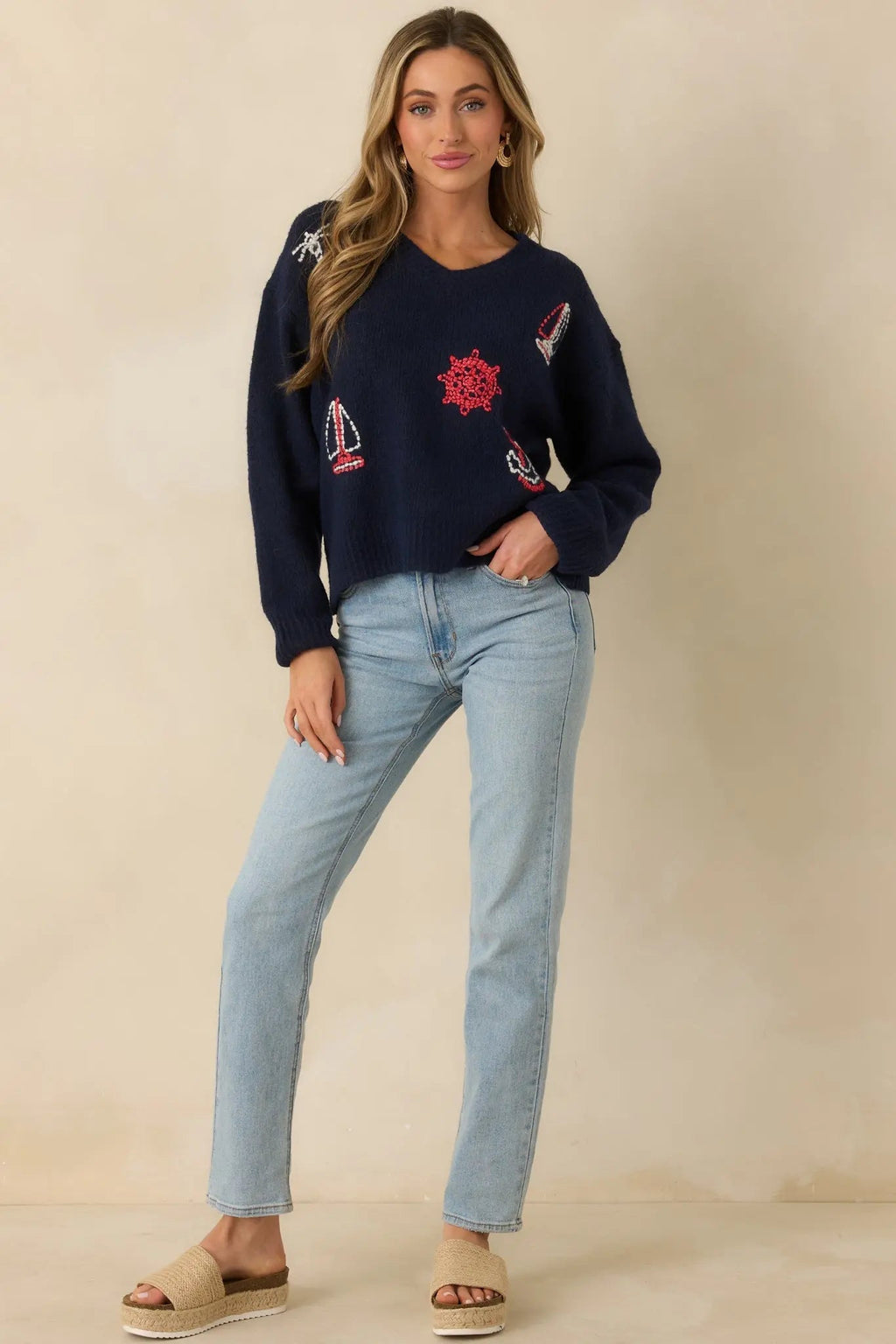 Women's Anchored in Style Navy Multi Knit Nautical V-Neck Sweater | 76% Polyester 0