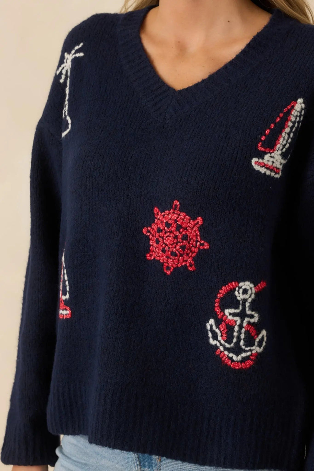 Women's Anchored in Style Navy Multi Knit Nautical V-Neck Sweater | 76% Polyester 2