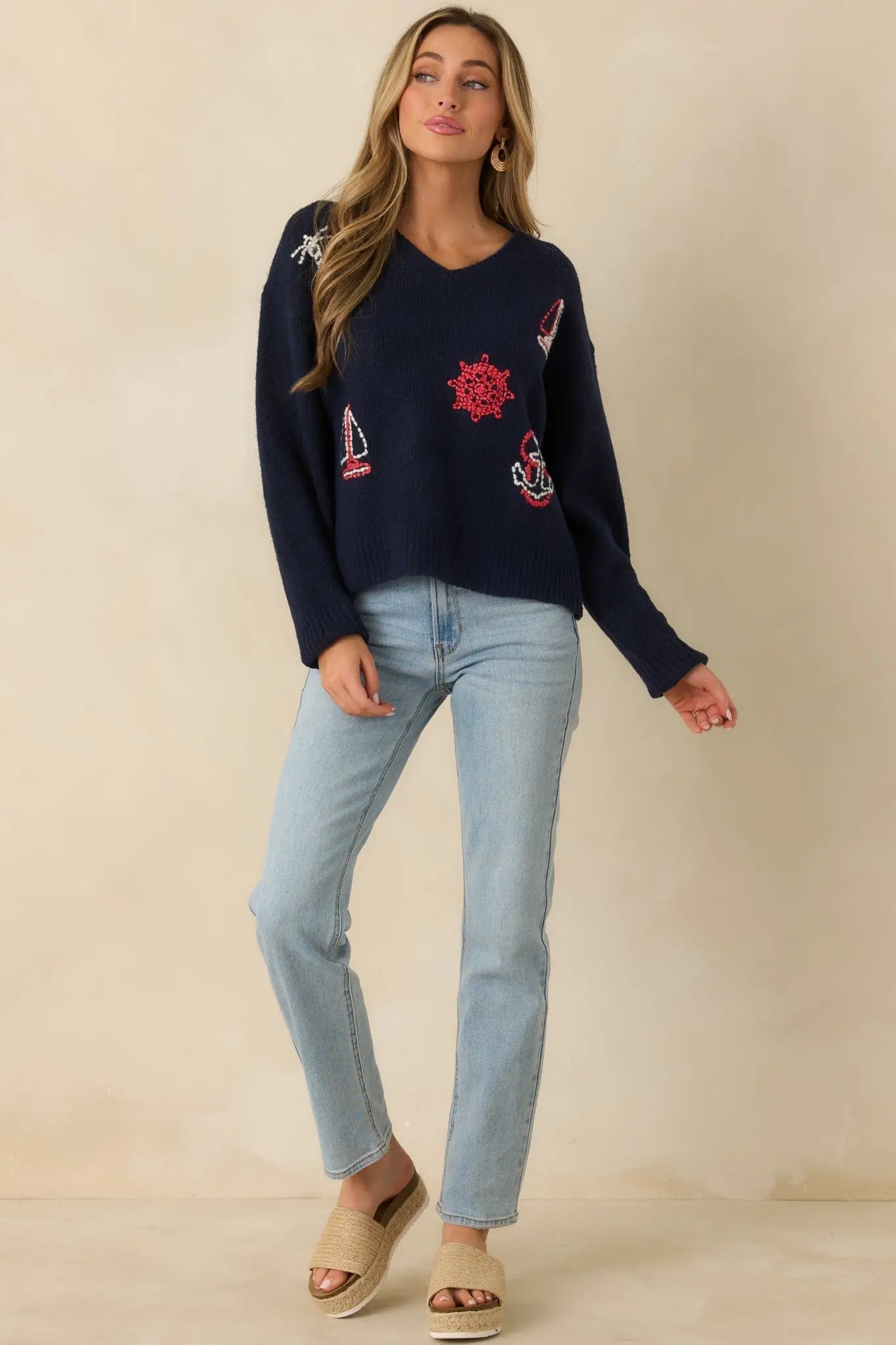 Women's Anchored in Style Navy Multi Knit Nautical V-Neck Sweater | 76% Polyester 4
