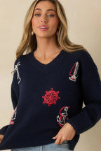 Women's Anchored in Style Navy Multi Knit Nautical V-Neck Sweater | 76% Polyester 5