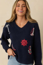Women's Anchored in Style Navy Multi Knit Nautical V-Neck Sweater | 76% Polyester 6