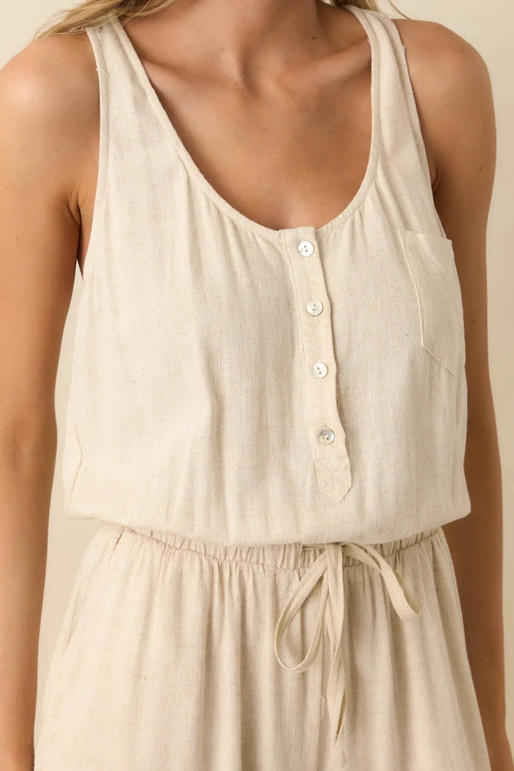 Women's Anywhere And Everywhere Natural Linen Blend Sleeveless Jumpsuit | 80% Rayon & 20% Linen 1