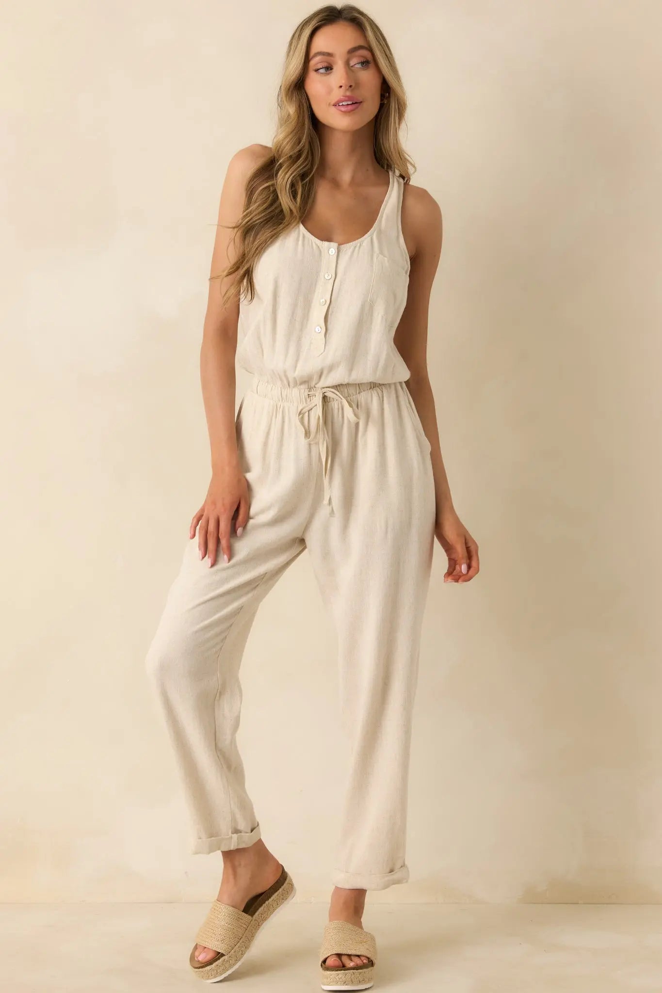 Women's Anywhere And Everywhere Natural Linen Blend Sleeveless Jumpsuit | 80% Rayon & 20% Linen 2