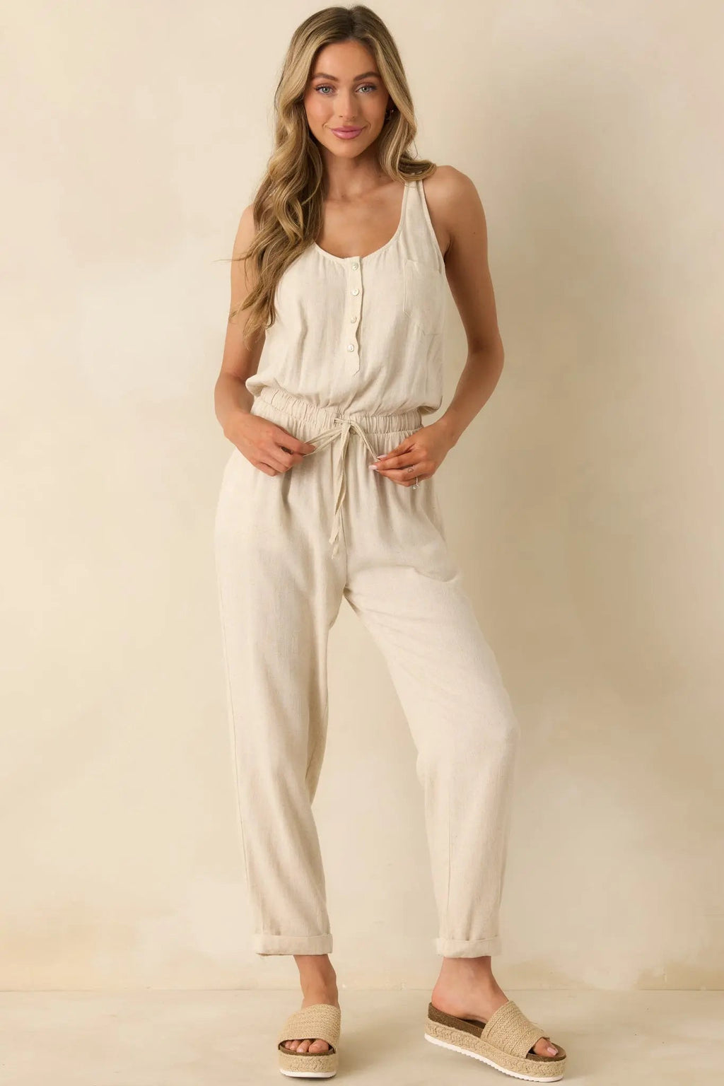 Women's Anywhere And Everywhere Natural Linen Blend Sleeveless Jumpsuit | 80% Rayon & 20% Linen 3