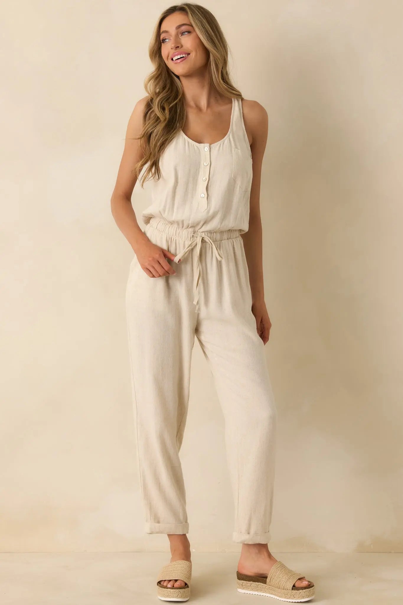 Women's Anywhere And Everywhere Natural Linen Blend Sleeveless Jumpsuit | 80% Rayon & 20% Linen 4