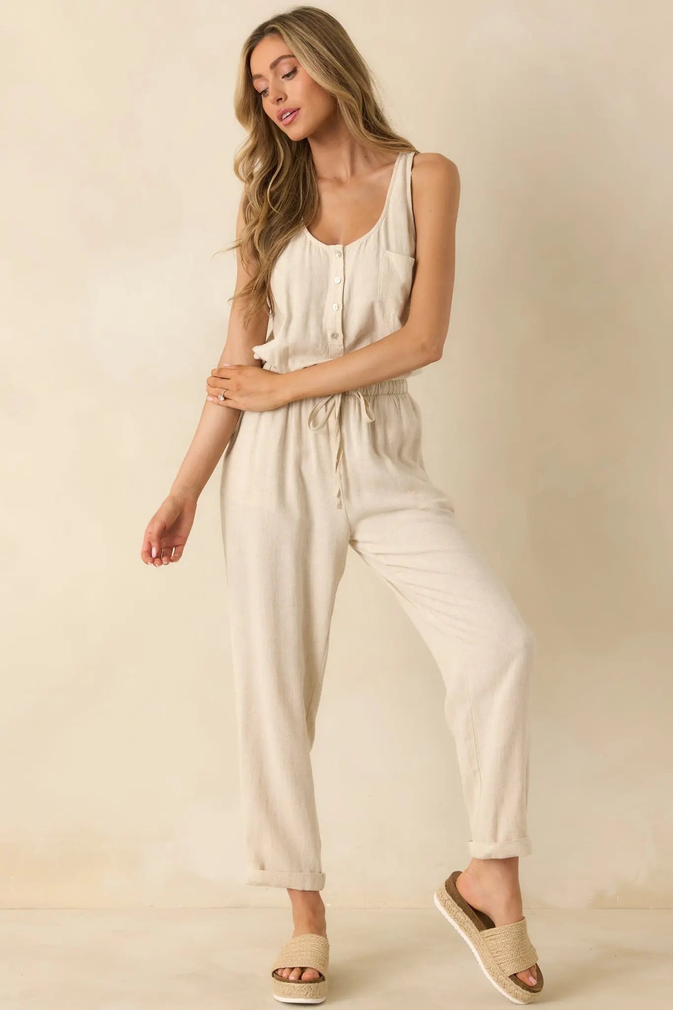 Women's Anywhere And Everywhere Natural Linen Blend Sleeveless Jumpsuit | 80% Rayon & 20% Linen 6