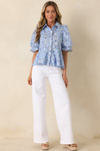 Women's Artful Moment Blue Toile Print Cotton Puff Sleeve Blouse | 100% Cotton 0