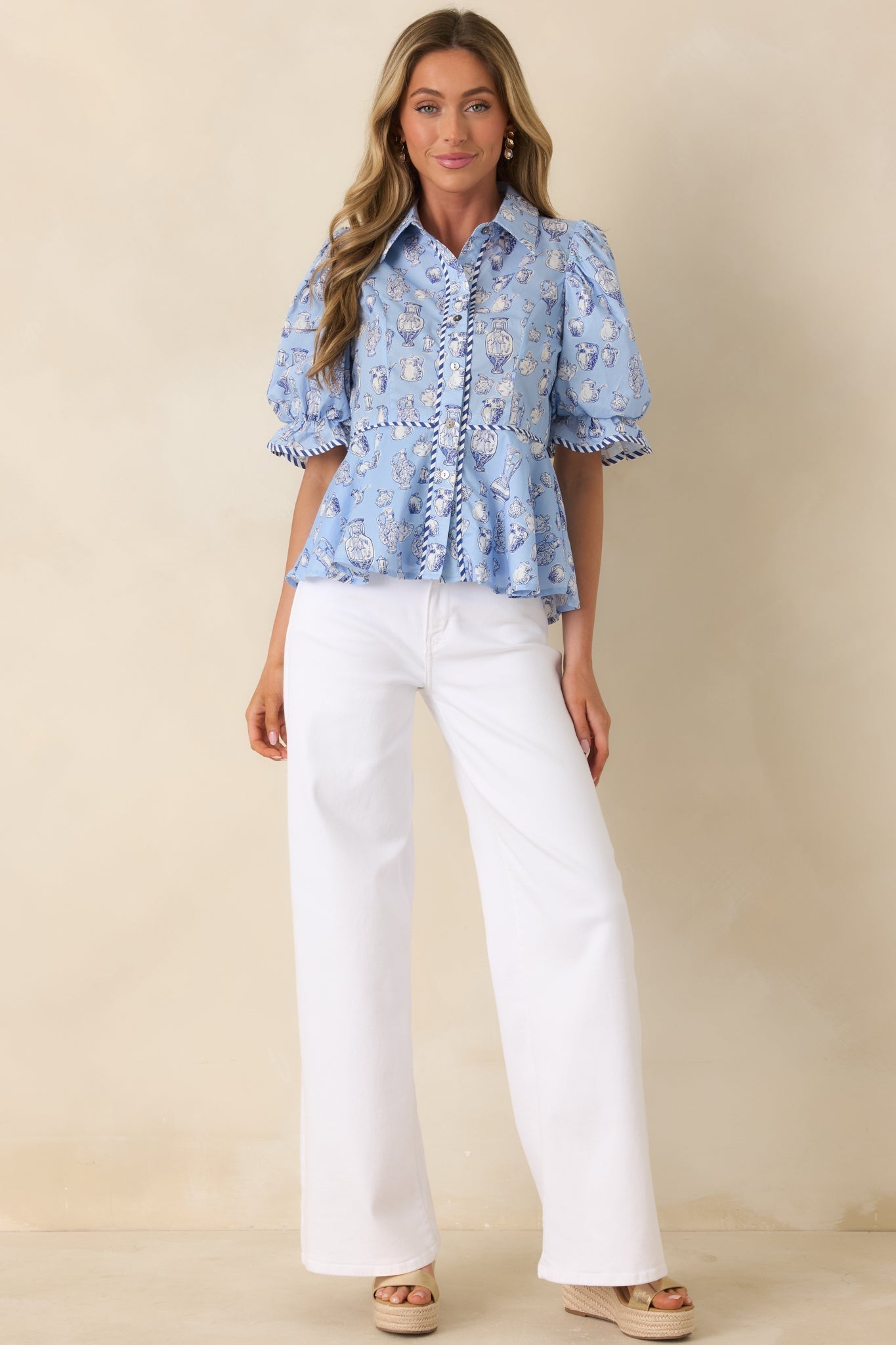 Women's Artful Moment Blue Toile Print Cotton Puff Sleeve Blouse | 100% Cotton 0