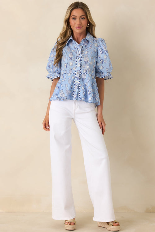 Women's Artful Moment Blue Toile Print Cotton Puff Sleeve Blouse | 100% Cotton 0