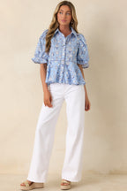 Women's Artful Moment Blue Toile Print Cotton Puff Sleeve Blouse | 100% Cotton 5