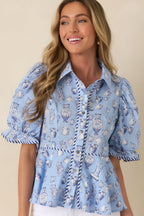 Women's Artful Moment Blue Toile Print Cotton Puff Sleeve Blouse | 100% Cotton 6