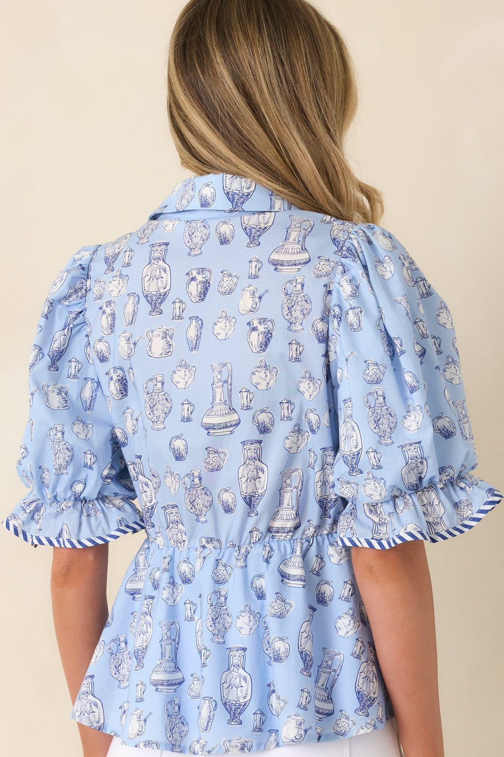 Women's Artful Moment Blue Toile Print Cotton Puff Sleeve Blouse | 100% Cotton 7