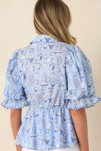Women's Artful Moment Blue Toile Print Cotton Puff Sleeve Blouse | 100% Cotton 7