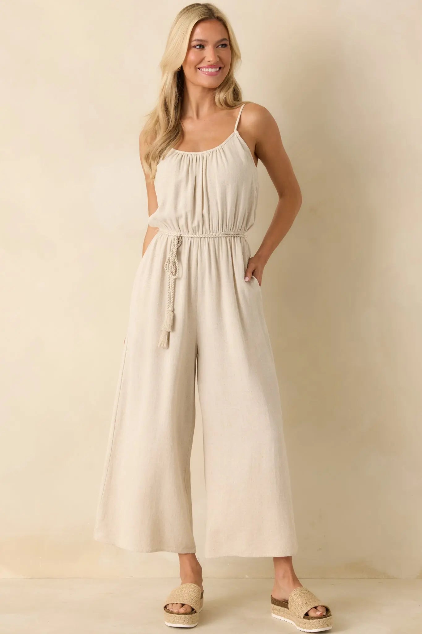 Women's As Simple As That Natural Linen Blend Sleeveless Jumpsuit | 80% Rayon & 20% Linen 4