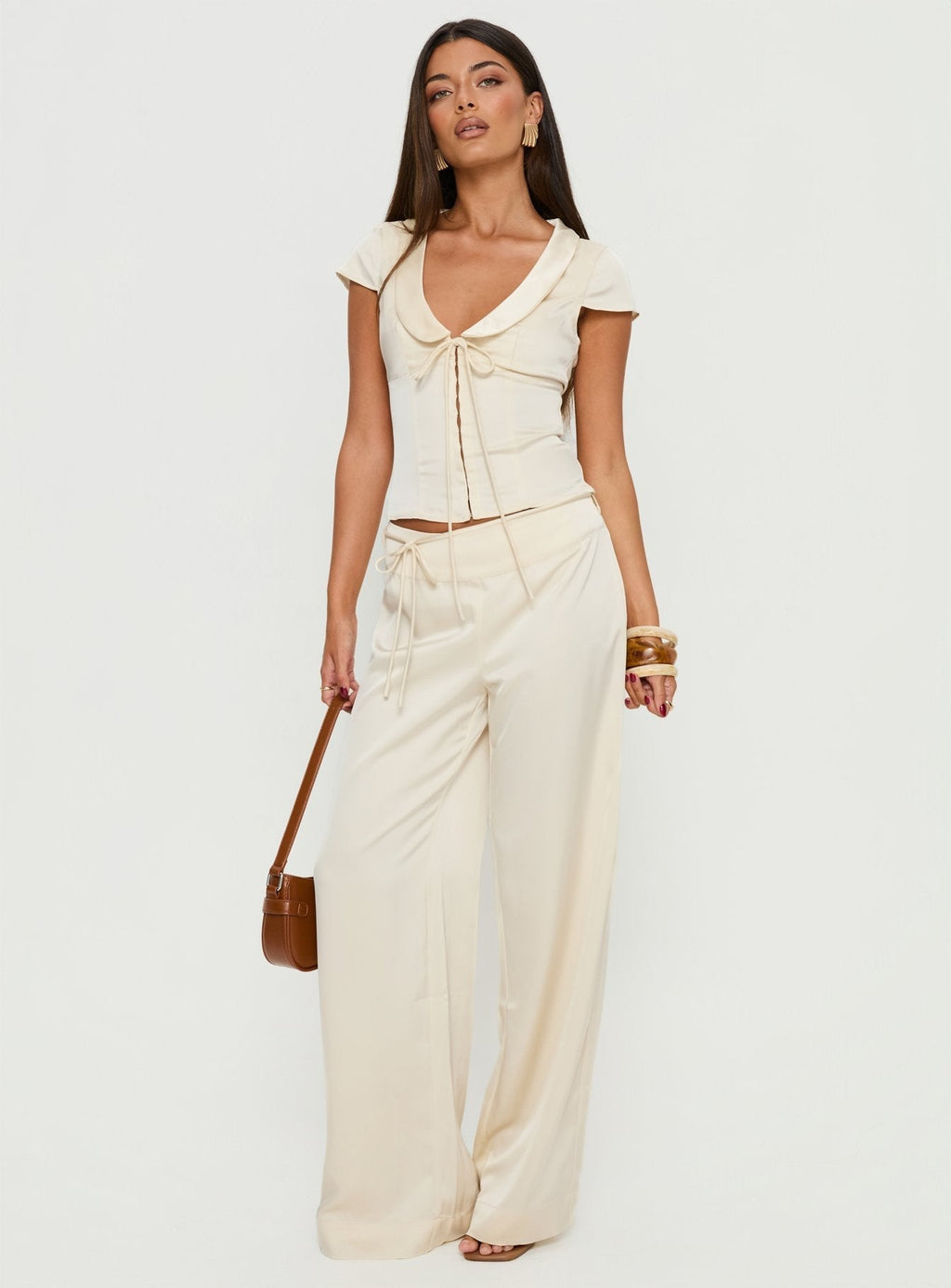 Women's Aubrette Satin Tie Pants Cream | Satin pants with tie-detail & mid-rise fit 2