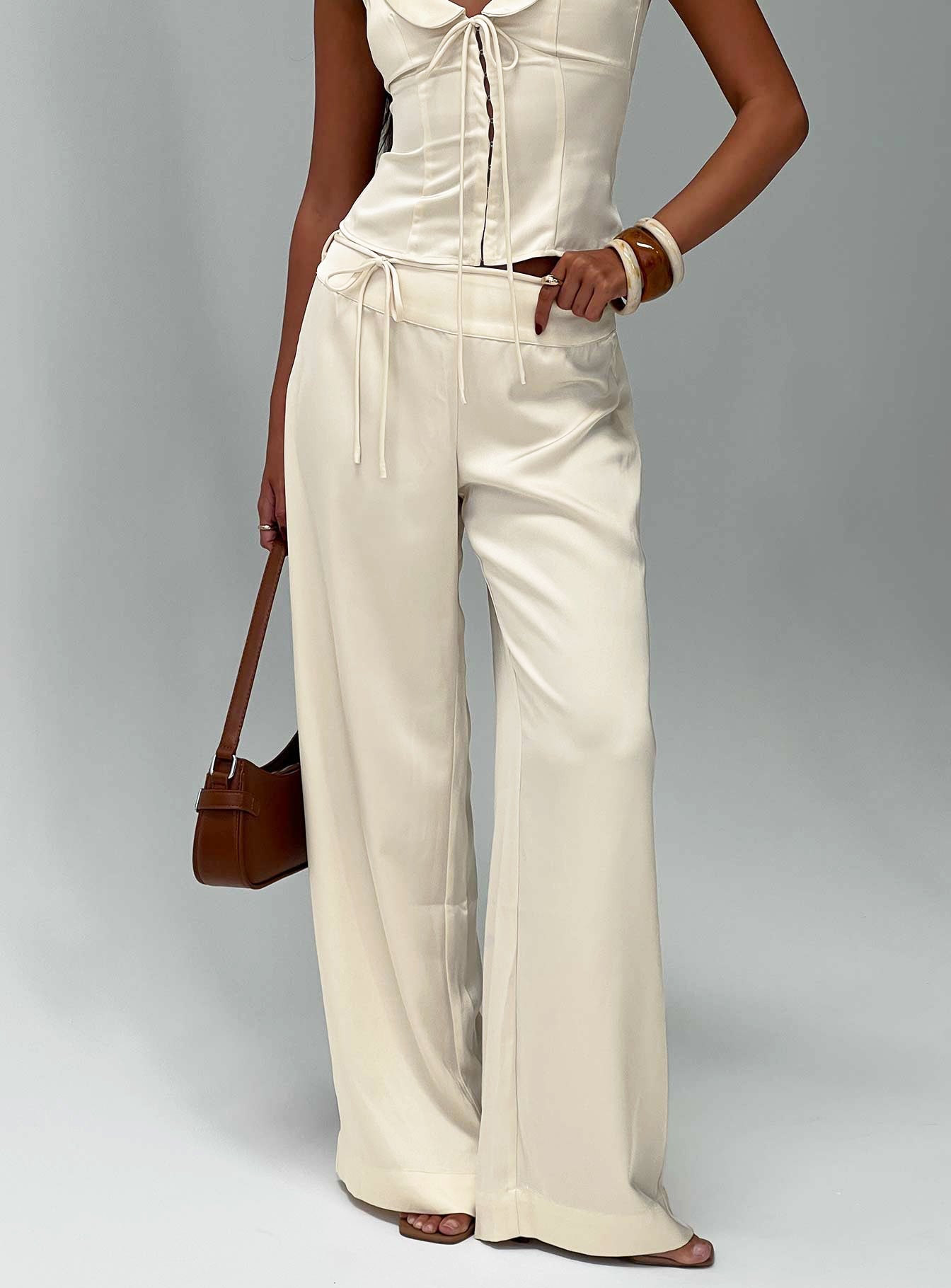 Women's Aubrette Satin Tie Pants Cream | Satin pants with tie-detail & mid-rise fit 7