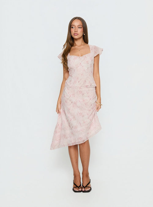 Women's Avaline Asymmetrical Midi Skirt Pink | Asymmetrical midi skirt in floral print 1