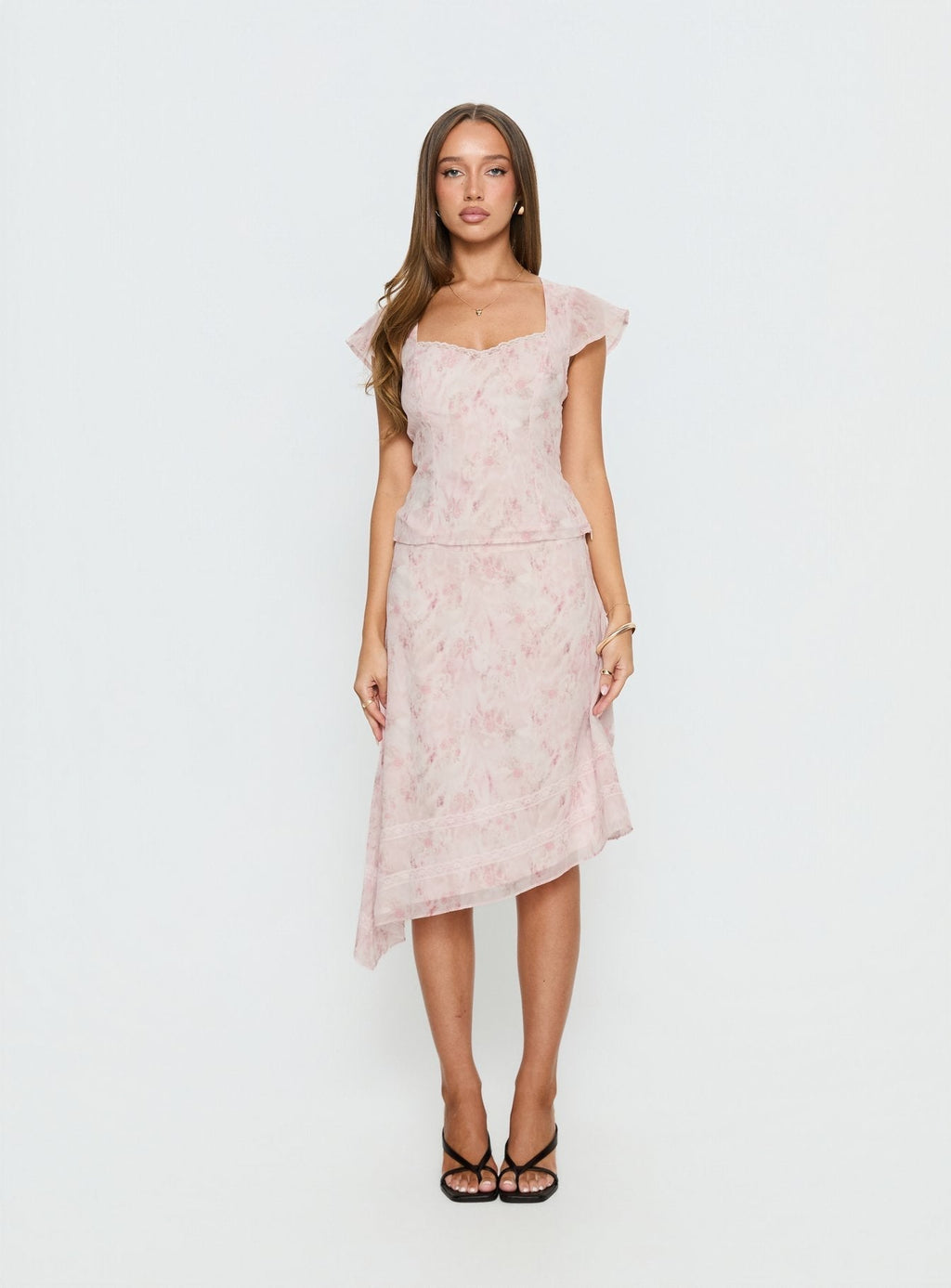 Women's Avaline Asymmetrical Midi Skirt Pink | Asymmetrical midi skirt in floral print 7