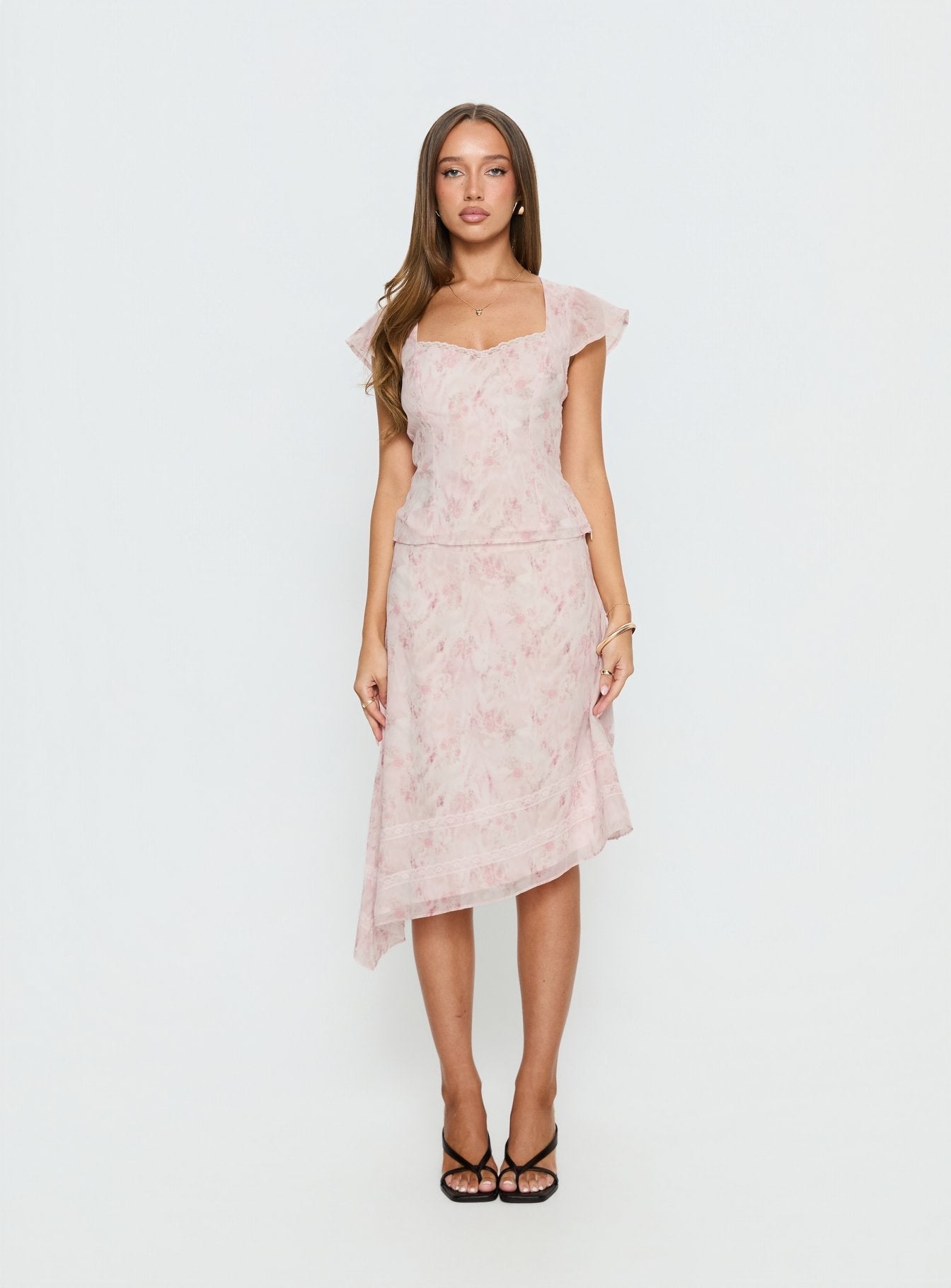 Women's Avaline Asymmetrical Midi Skirt Pink | Asymmetrical midi skirt in floral print 7