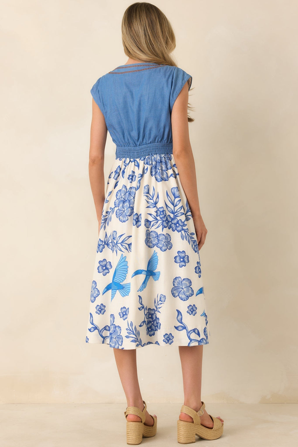 Women's Aylaya Aubrey Ivory & Blue Floral Denim Bodice Midi Dress | 25% Linen & 75% Viscose 6