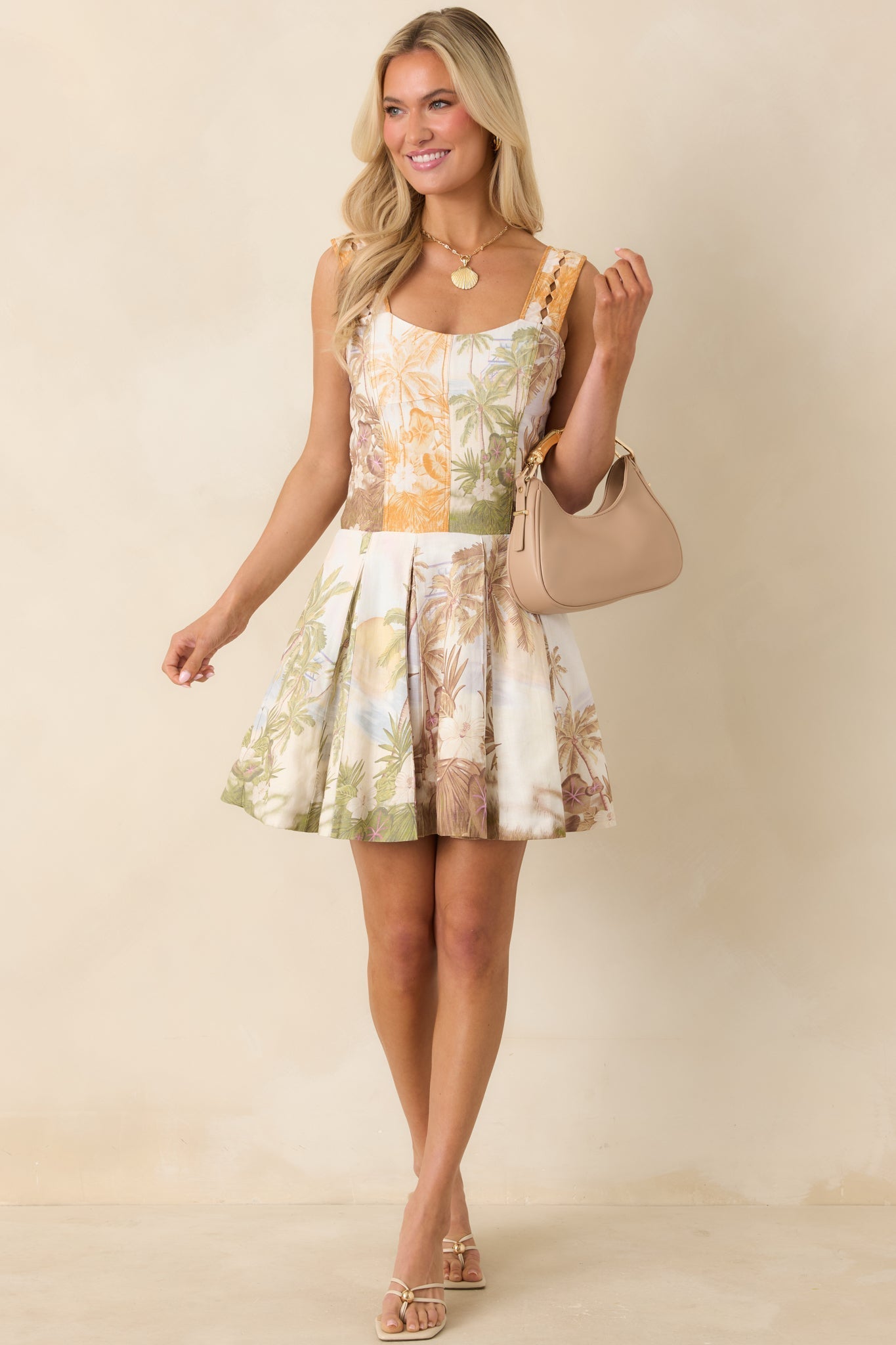 Women's Aylaya Nevaeh Multi Tropical Beach Print Pleated Mini Dress | 25% Linen & 75% Viscose 4